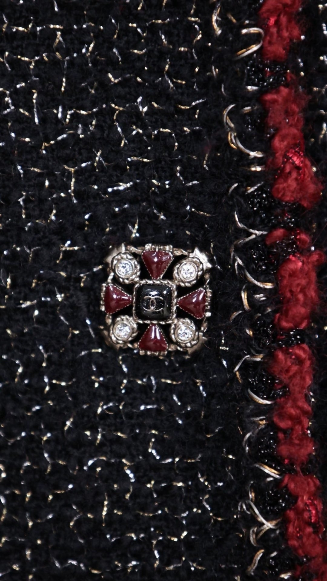 Chanel 2011 Runway Style Red and Black Trimmed Glass Button Cape Coat