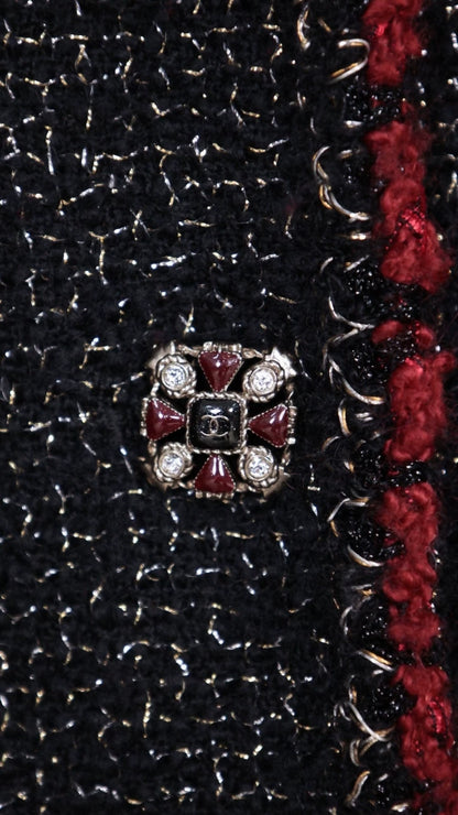 Chanel 2011 Runway Style Red and Black Trimmed Glass Button Cape Coat