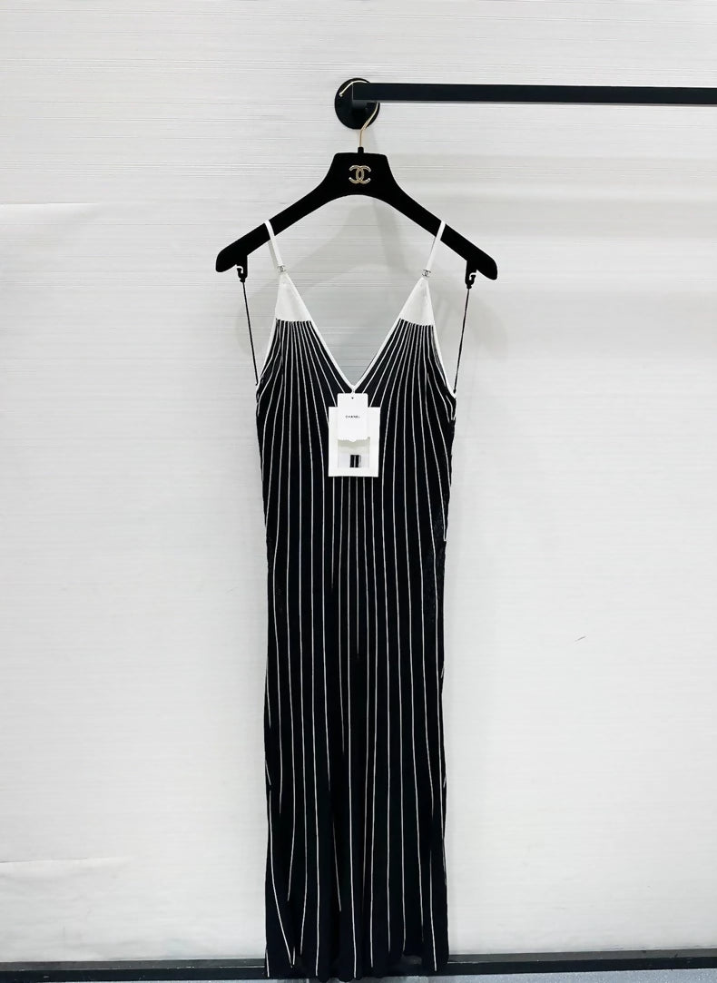 Chanel Coco Beach collection black and white striped V-neck maxi dress, size F36