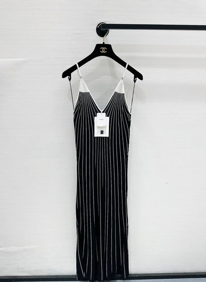 Chanel Coco Beach collection black and white striped V-neck maxi dress, size F36