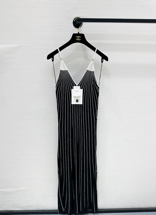 Chanel 26M Coco Beach black and white striped V-neck maxi dress