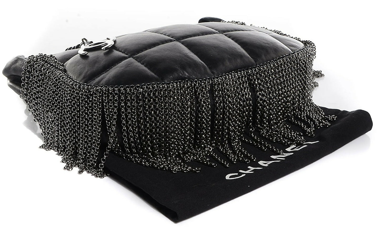 Rare Chanel 02A Mini Black Quilted Lambskin Silver CC Chain Fringe Bag