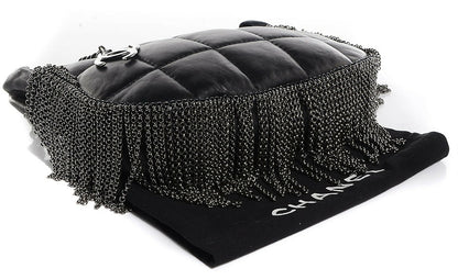 Rare Chanel 02A Mini Black Quilted Lambskin Silver CC Chain Fringe Bag