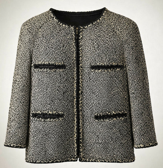 Chanel 11A Classic Black White Tweed Braided Trim Zip Up Jacket FR 50