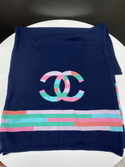 Chanel 20C dark blue gradient mosaic double C wool scarf