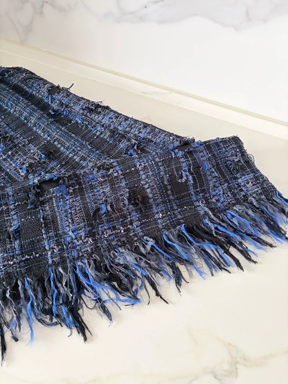 Chanel 2018 blue and black tweed fringed dress
