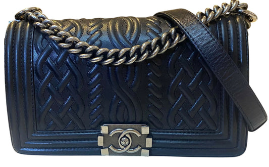 Chanel 13A Paris Edinburgh Black Lambskin Old Medium Embossed Celtic Knot Boy Flap Bag