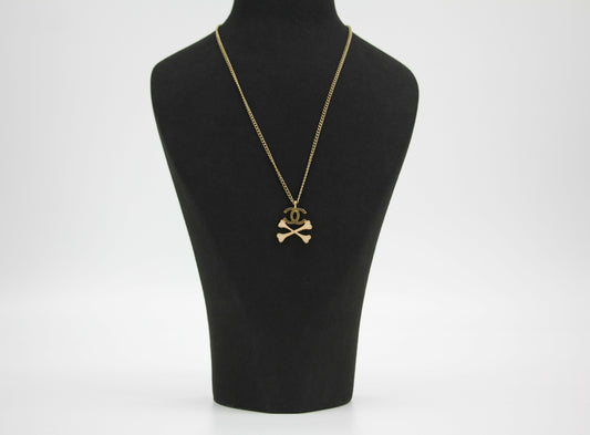 Chanel Vintage 03P Gold-plated CC Enamel White Skull Necklace