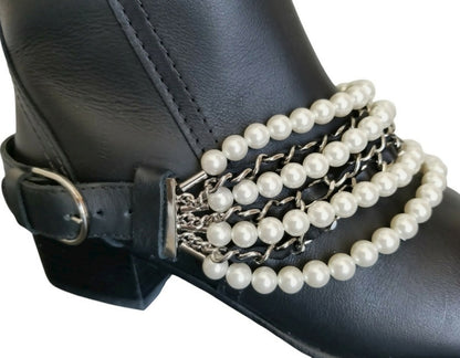 CHANEL 18A HAMBURG BLACK LEATHER PEARL CHAIN RIDING KNEE HIGH BOOTS EU 41
