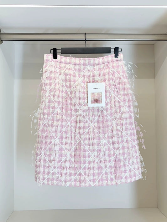 Chanel 23S Pink Tweed Feather Skirt