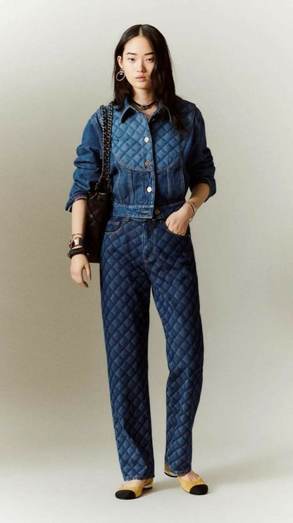 Chanel 22B Dark Blue Quilted Print Jeans FR 36