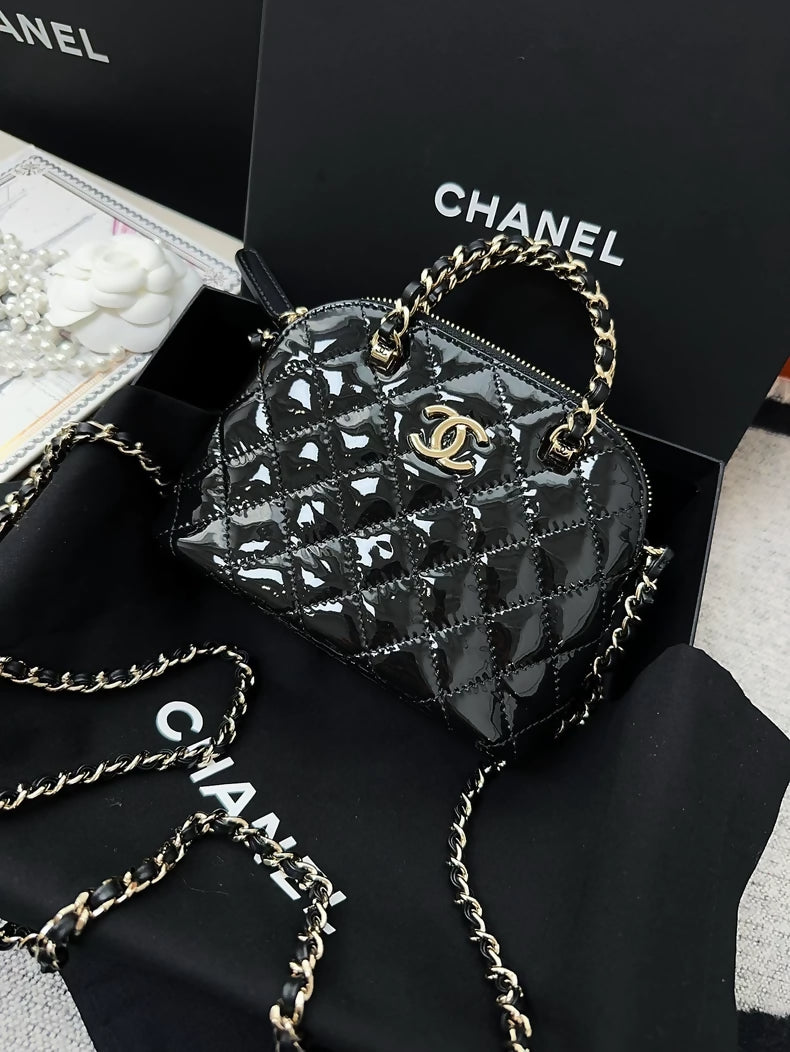 Chanel 23s black patent leather mini shoulder bag with black gold hardware