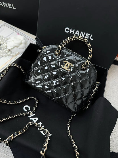 Chanel 23s black patent leather mini shoulder bag with black gold hardware