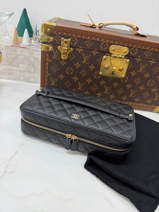Chanel black leather cosmetic/jewellery box case