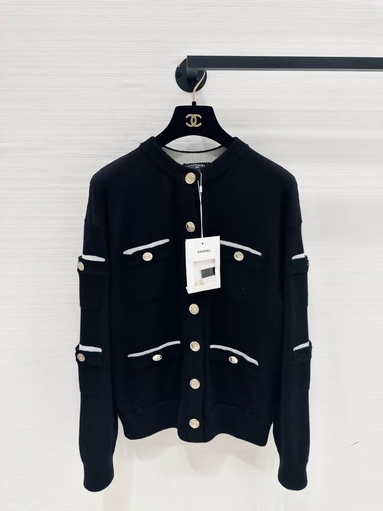 Chanel 25B black and white cashmere cardigan