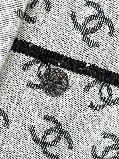 Chanel 2022 grey all-over double C print denim jacket with black sequin trim