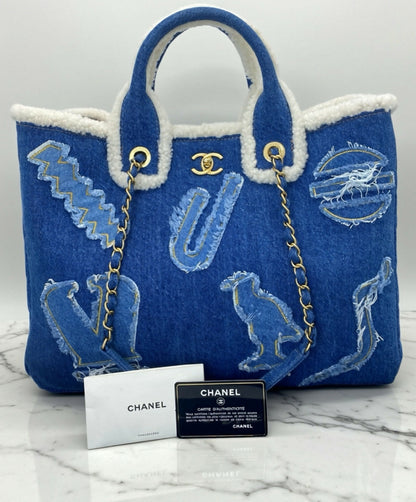 Chanel 19A New York Egypt Denim Shearling Hieroglyph Coco Shopping Tote