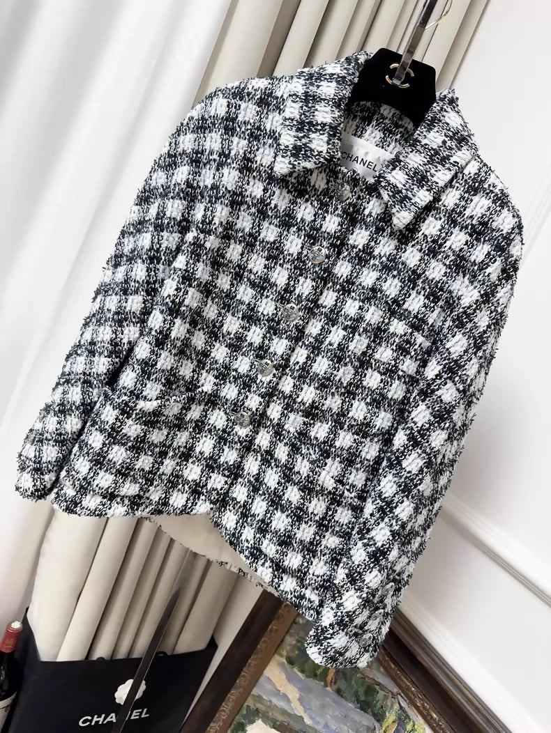 Chanel 23P black, white and blue checkered woven jacket
