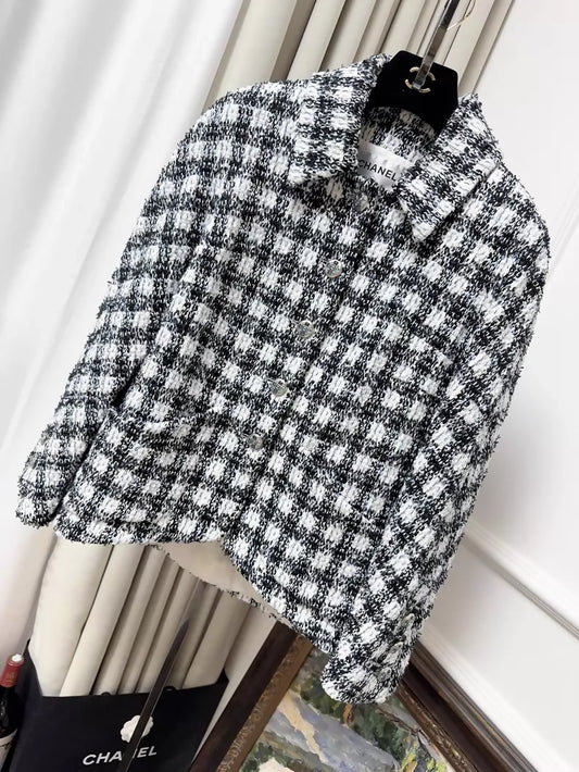 Chanel 23P black, white and blue checkered woven jacket