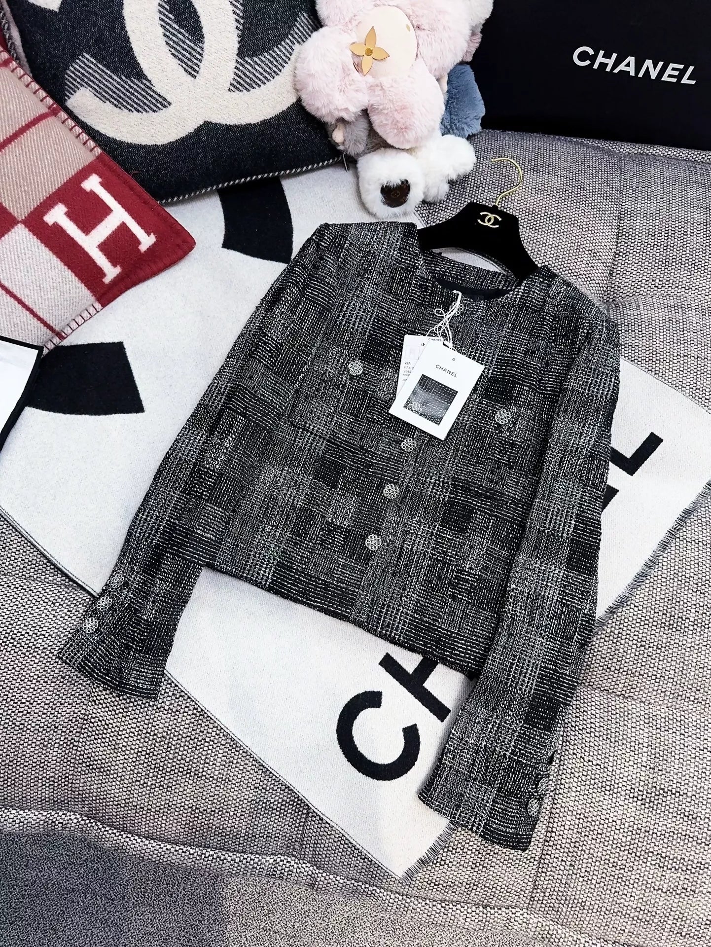 Chanel 22A Black and White Check Tweed Jacket