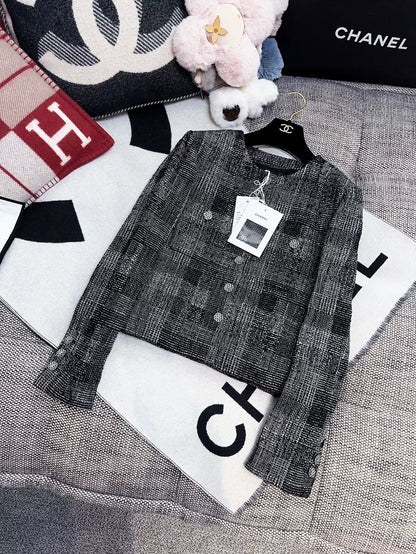 Chanel 22A Black and White Check Tweed Jacket
