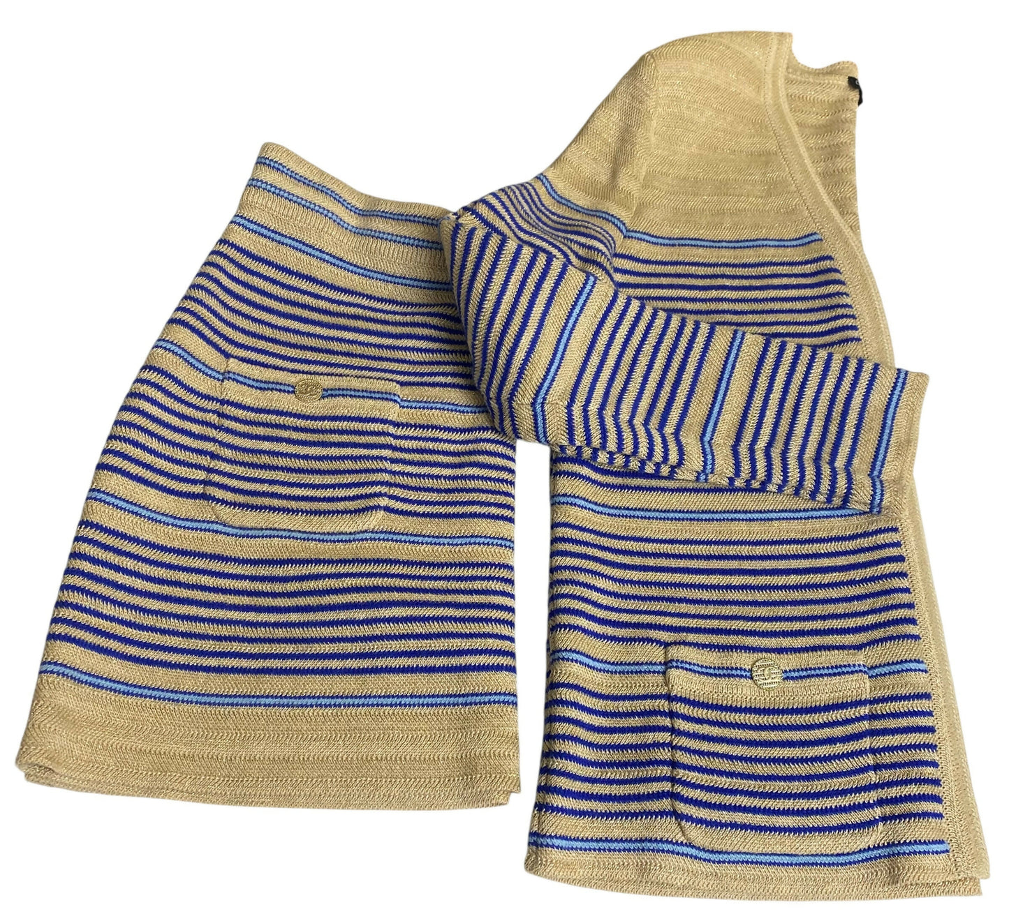 From the 2019 Cruise Resort La Pausa Collection by Karl Lagerfeld. Set Retail 5.5k Chanel Outfit in Metallic Striped Cardigan in Gold, Beige, and Blue Striped Linen Cashmere Blend with Matching Skirt. 2 Gold CC Buttons on Pockets and 2 on the skirt with
