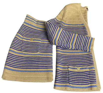 From the 2019 Cruise Resort La Pausa Collection by Karl Lagerfeld. Set Retail 5.5k Chanel Outfit in Metallic Striped Cardigan in Gold, Beige, and Blue Striped Linen Cashmere Blend with Matching Skirt. 2 Gold CC Buttons on Pockets and 2 on the skirt with