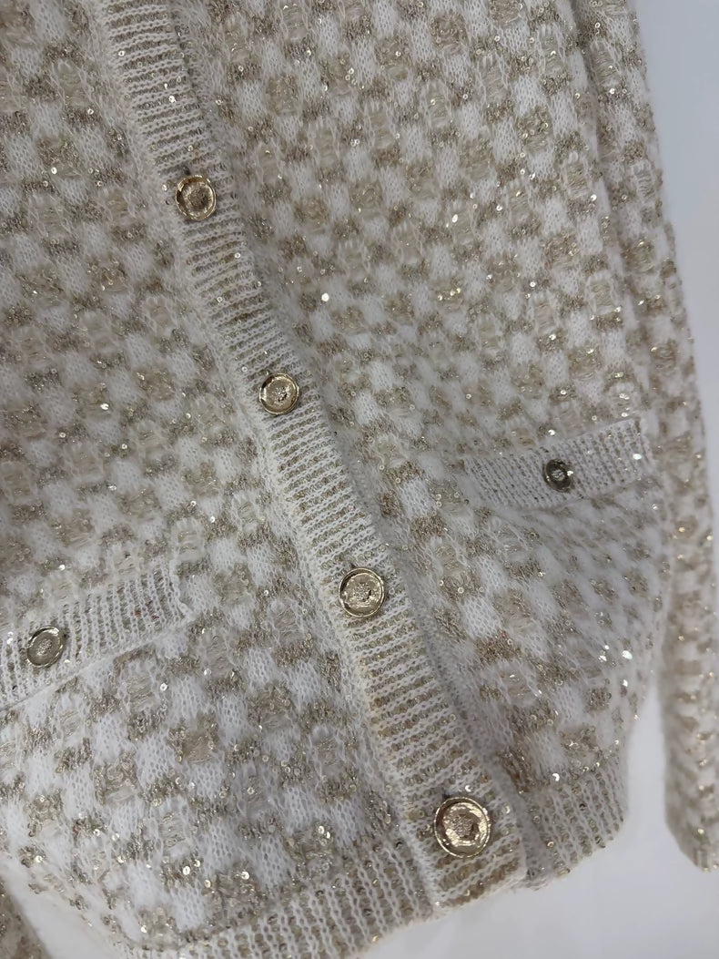 Chanel 23B Champagne Gold Sequined Cardigan