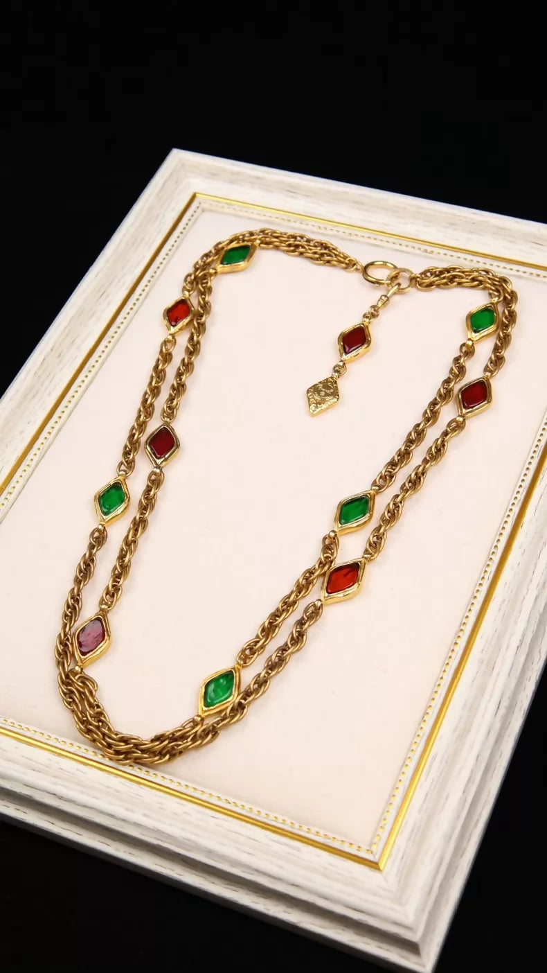 Chanel Red and Green Diamond-Shaped Glass Gold Chain Necklace