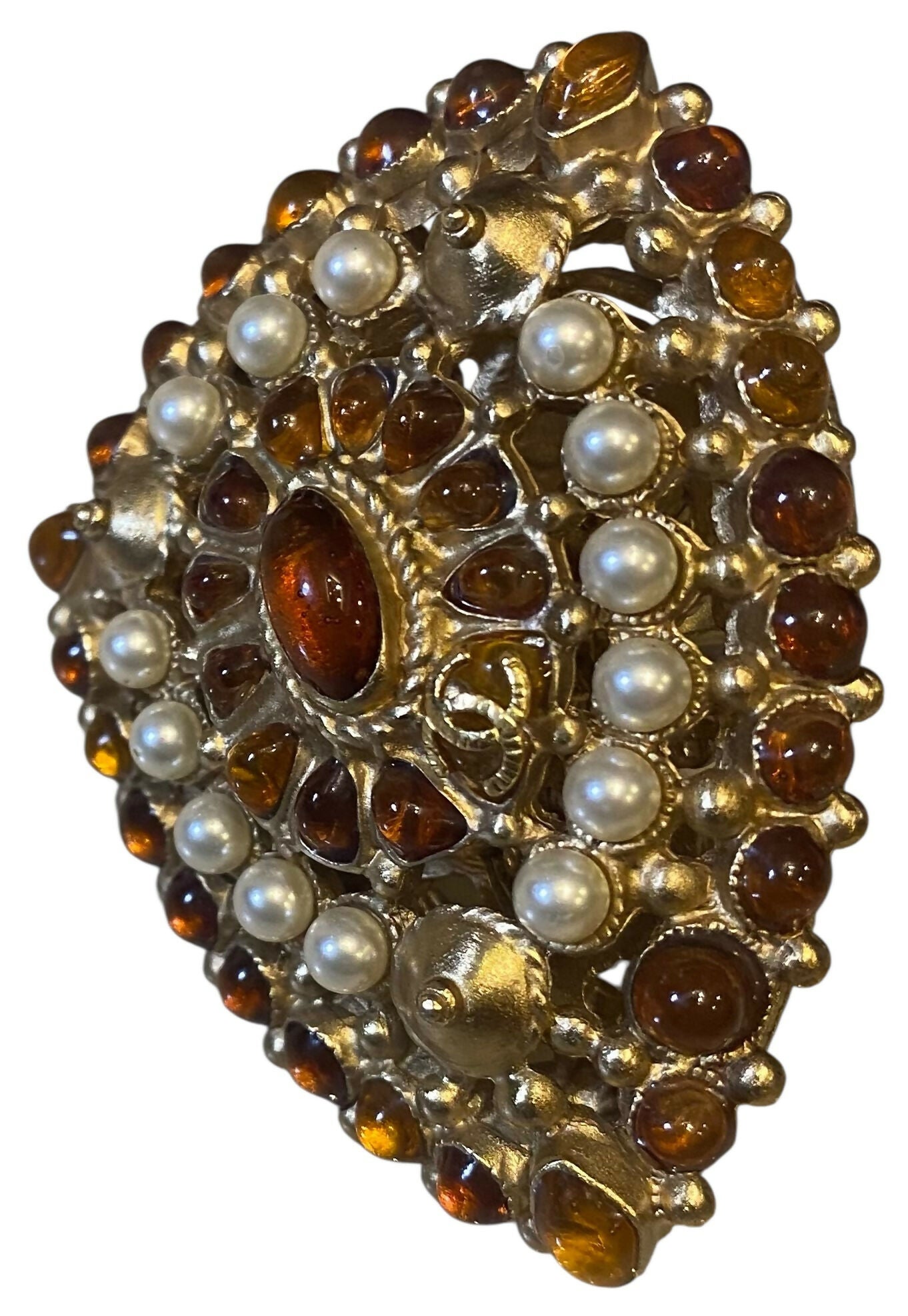 Rare XL 11C Saint Tropez Runway Statement Gold Gripoix Pearl Ring Size US 6 EU 52