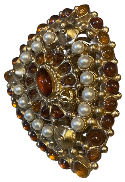 Rare XL 11C Saint Tropez Runway Statement Gold Gripoix Pearl Ring Size US 6 EU 52