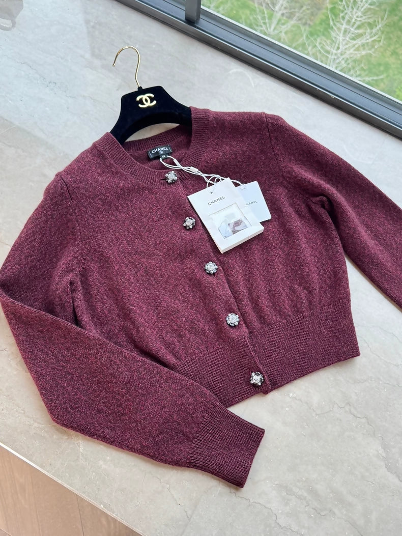 Chanel 24A Burgundy Knit Cardigan