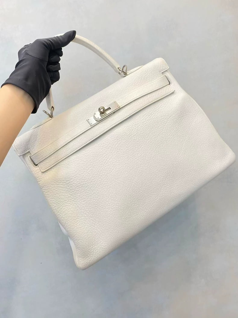 Hermes Kelly 35 01 pure white togo leather brushed palladium hardware