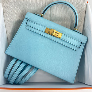 Hermes Mini Kelly 20 Bleu Zephyr Chevre Leather Gold Hardware