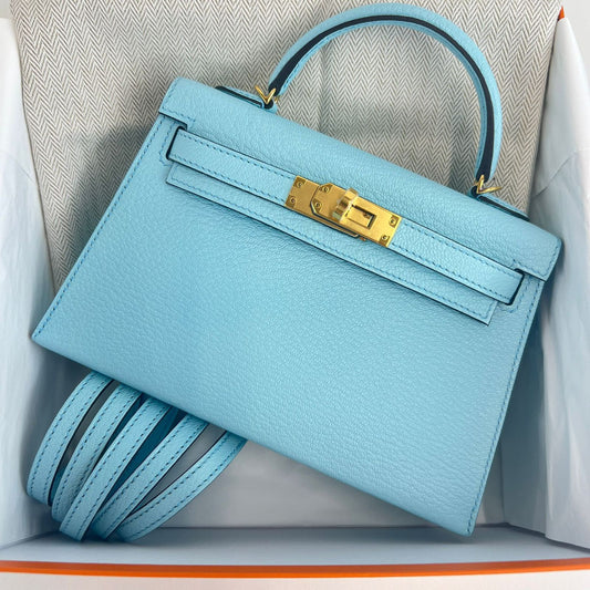 Hermes Mini Kelly 20 Bleu Zephyr Chevre Leather Gold Hardware