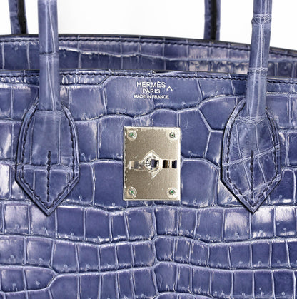 Hermes Birkin 30 Bleu Brighton Shiny Porosus Crocodile Palladium hardware