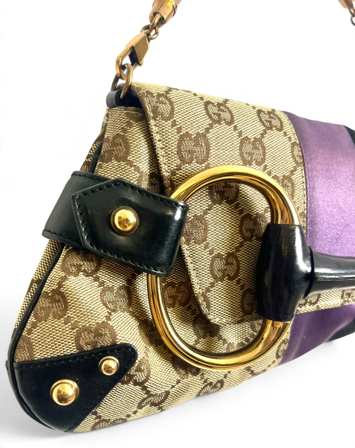 Gucci Large 1955 Tom Ford Classic Purple Black GG Monogram Horsebit Clutch Handbag Gold hardware