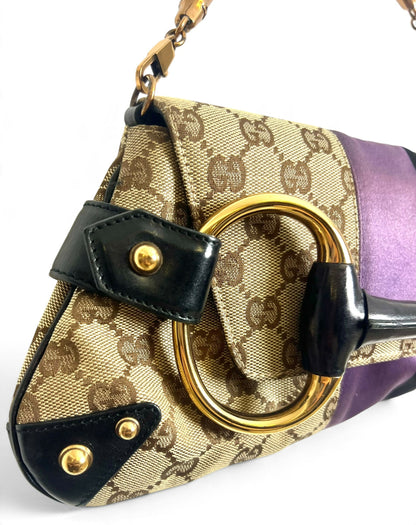 Gucci Large 1955 Tom Ford Classic Purple Black GG Monogram Horsebit Clutch Handbag Gold hardware