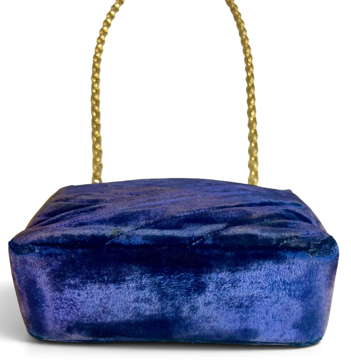 Chanel 1991-1994 Navy Blue Velvet Crystal 24K Bijoux Mini Square Chevron Classic Flap Bag