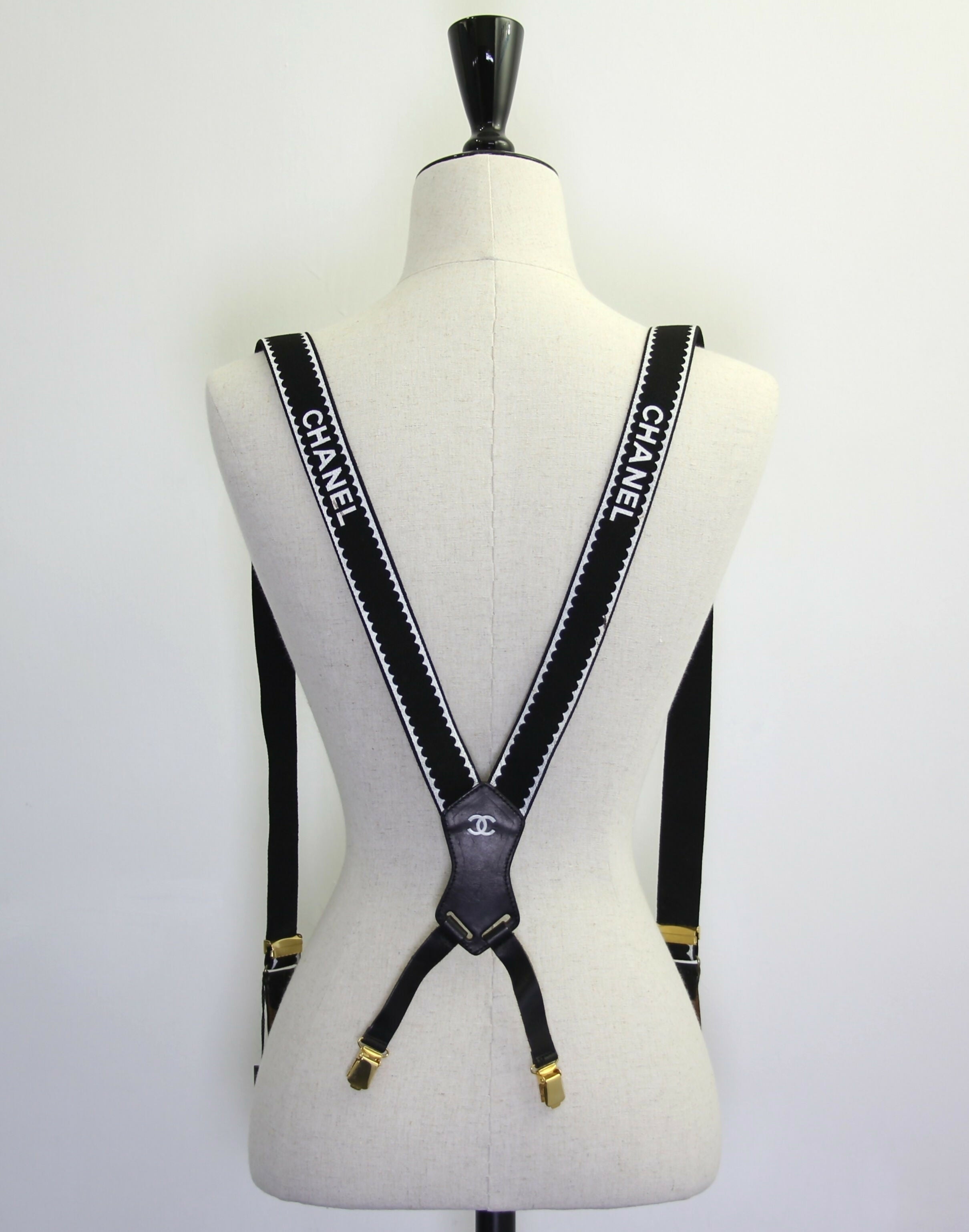 Chanel Vintage 94P Leather & Canvas Coco Mark Suspenders in Black