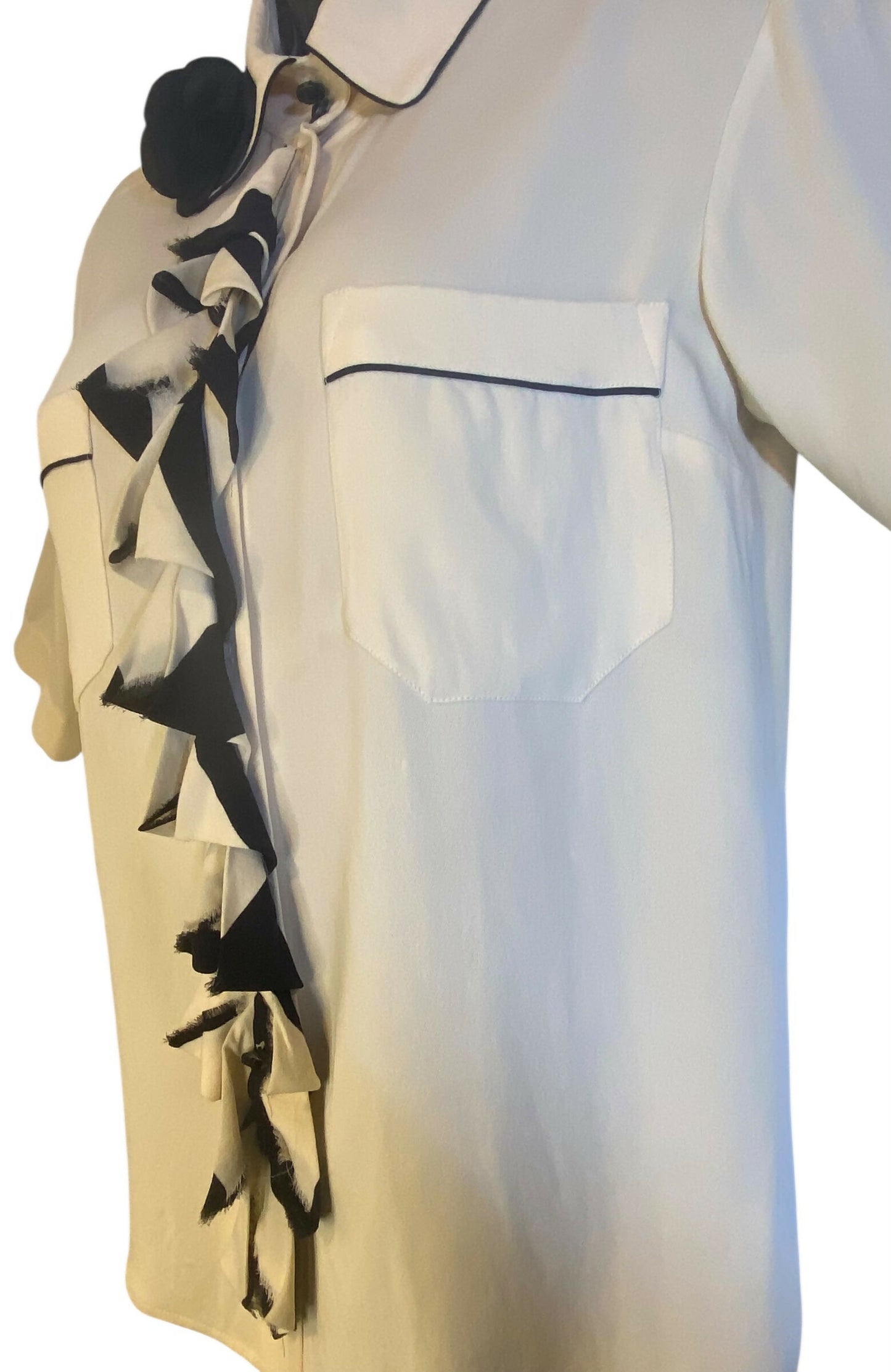 Chanel 08A Runway Silk Pleated Camellia Ecru Black Blouse FR 36