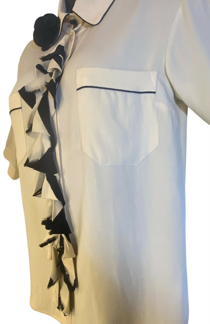 Chanel 08A Runway Silk Pleated Camellia Ecru Black Blouse FR 36