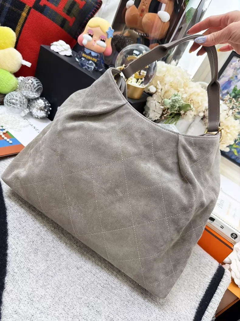 Chanel 26C Grey Suede Maxi Hobo, large size gold hardware shoulder bag