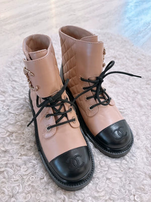 Chanel beige and black two-tone leather ankle boots