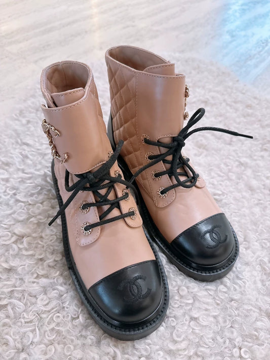 Chanel beige and black two-tone leather ankle boots