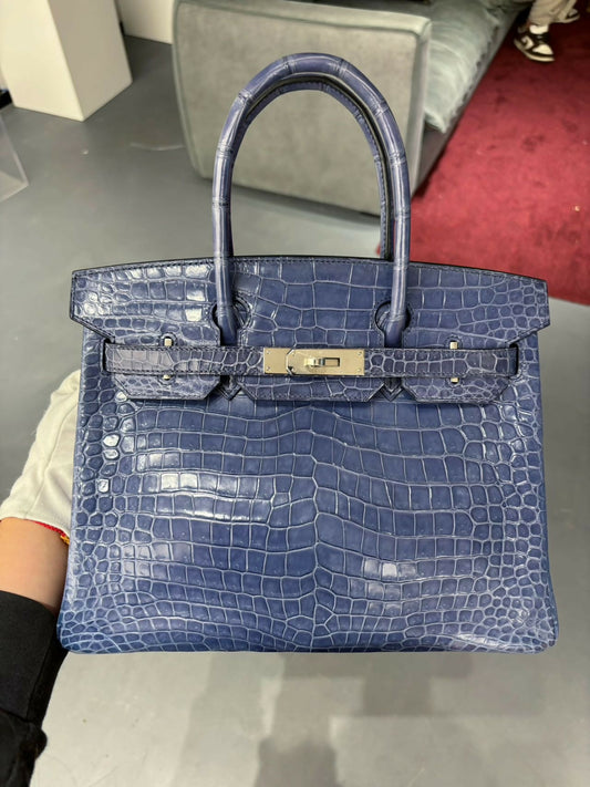 Hermès Birkin 30 Bleu Électrique (7E) Shiny Porosus Crocodile with Hardware Square
