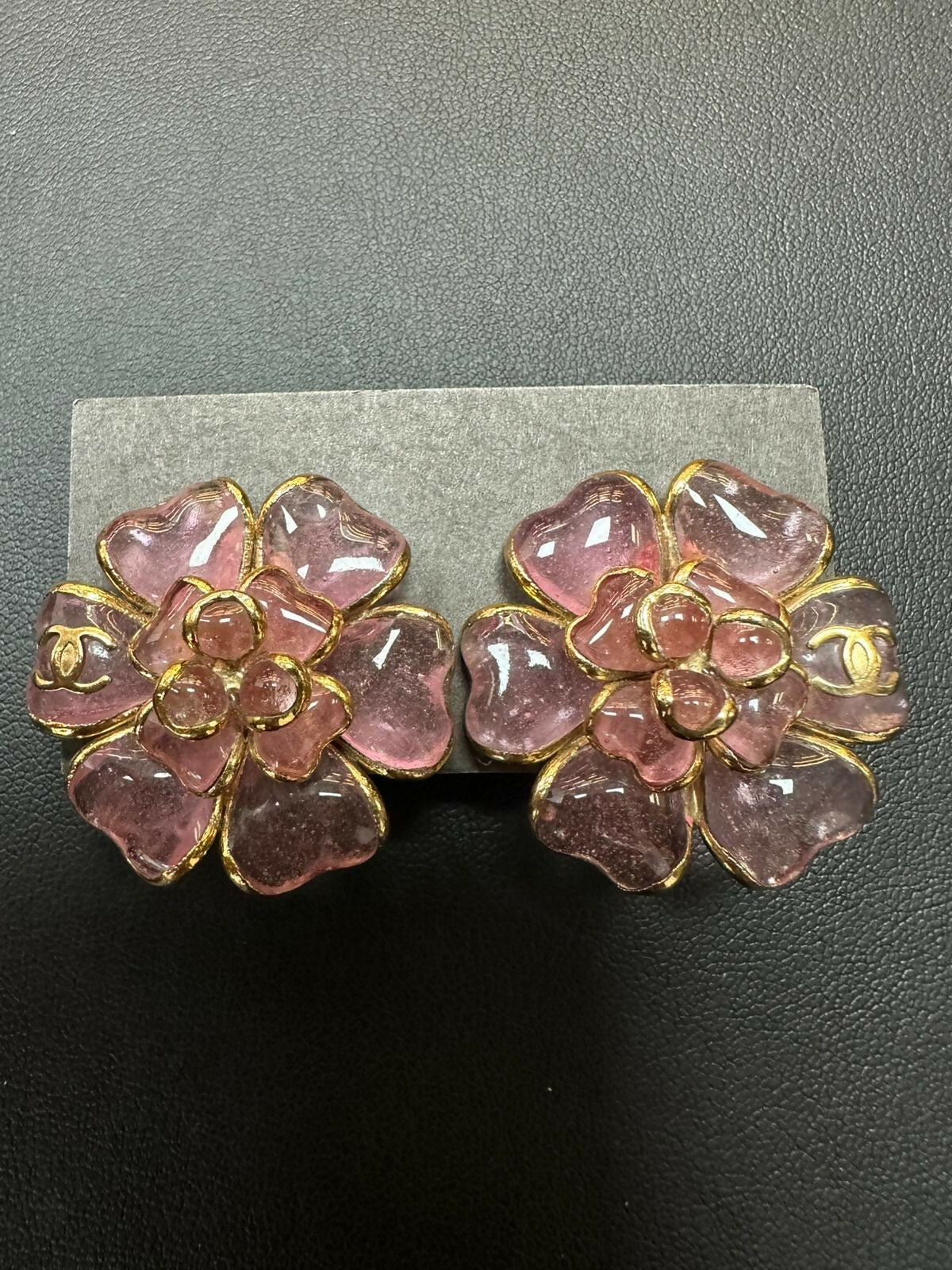 Chanel Vintage 02A Gripoix Clear Pink Camellia Clip-on Earrings