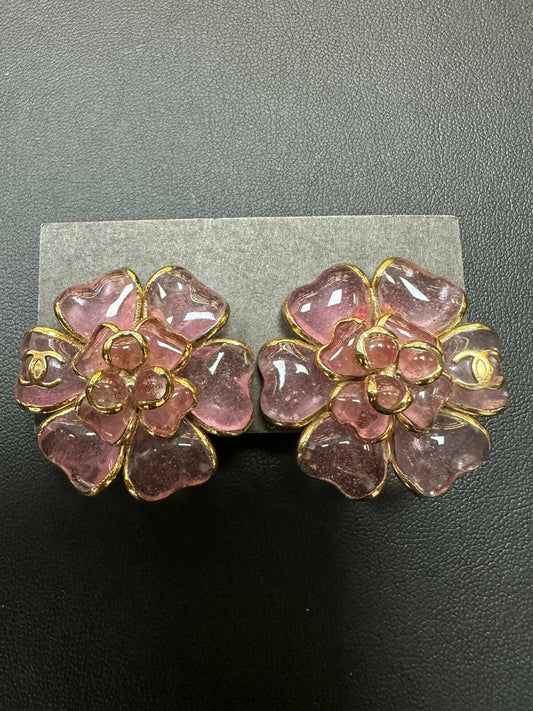 Chanel Vintage 02A Gripoix Clear Pink Camellia Clip-on Earrings