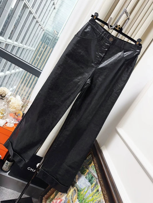 Chanel black leather straight pants
