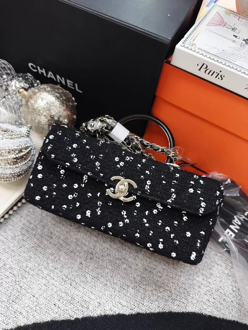 Chanel 23K black tweed camellia sequined long box ba